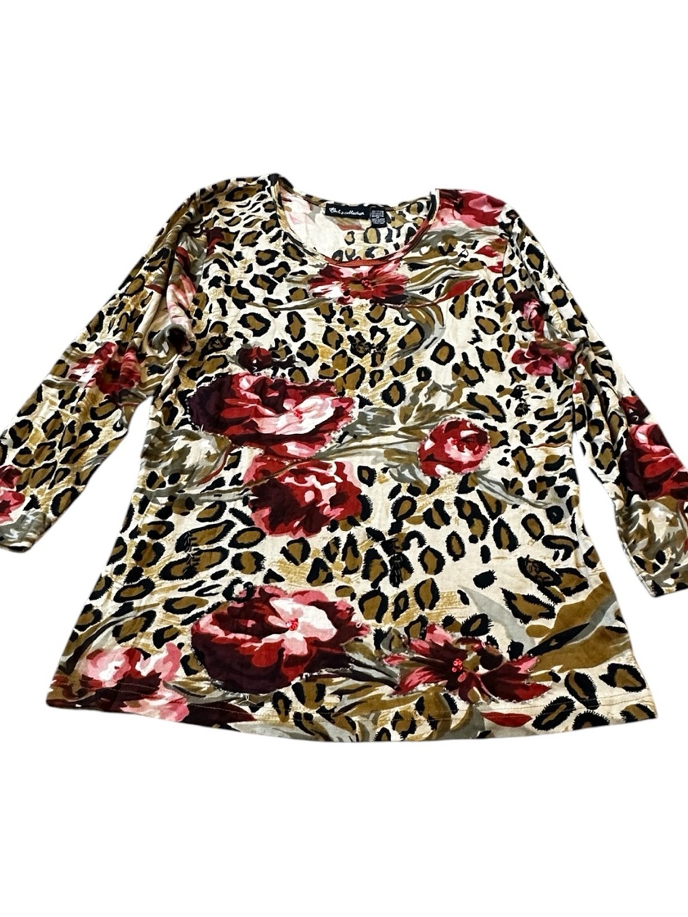 Club Z Collection Size 1X Animal Print Floral Top Sequin Beaded Boho Maximalist